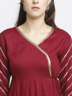 Rudra Bazaar Wine Angrakha Style Flared Anarkali Kurta with Pyjamas & Dupatta | Grocsy