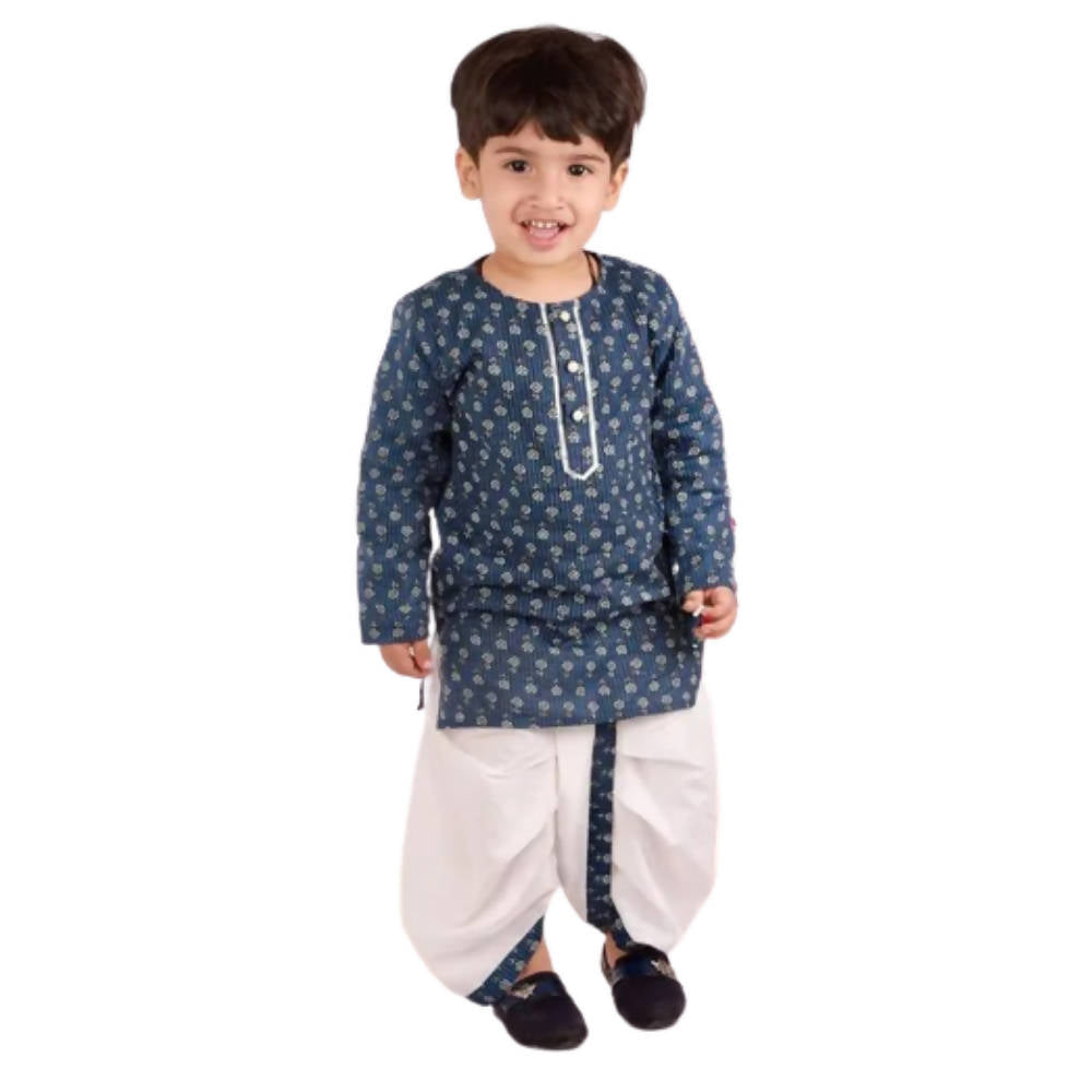 Little Bansi Girls Indigo and White Cplor Bengali Kantha work floral kurta with Dhoti | Grocsy