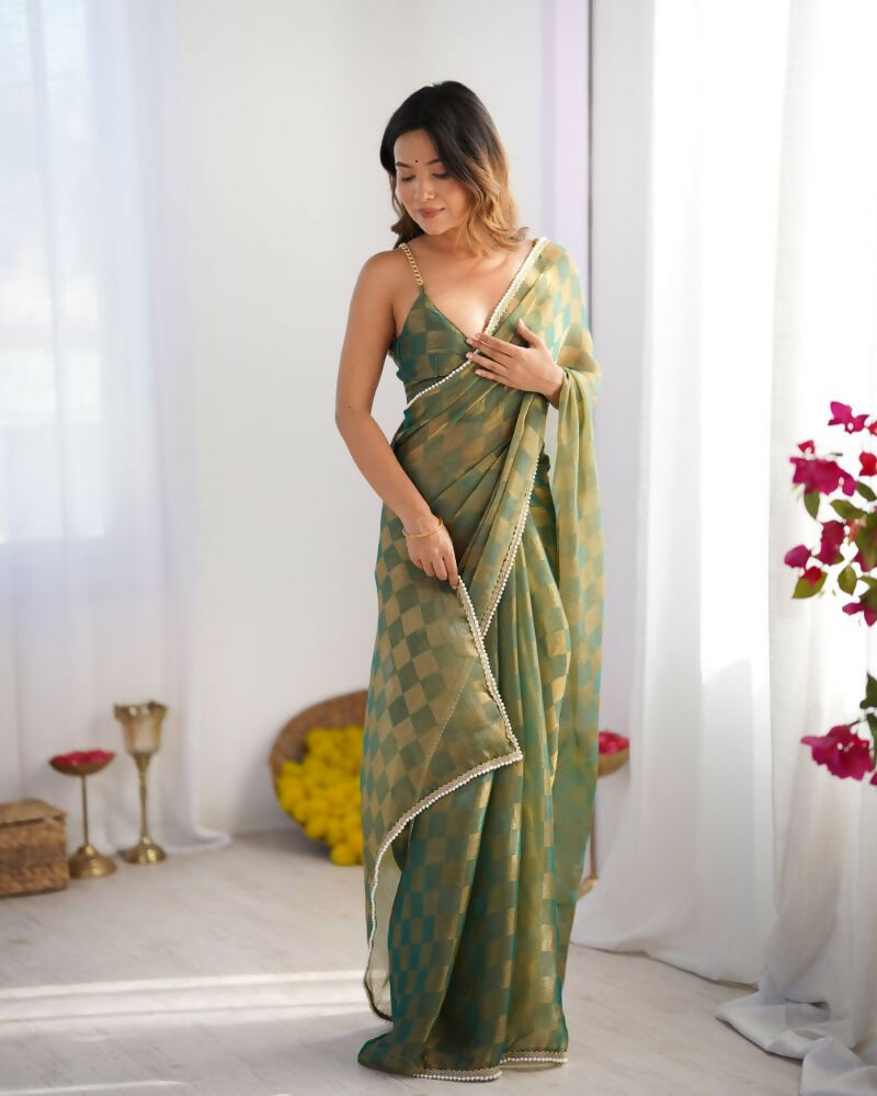 NC Chiffon Chex Wevon Chex Designer, Lace Party Wear Saree - Green | Grocsy
