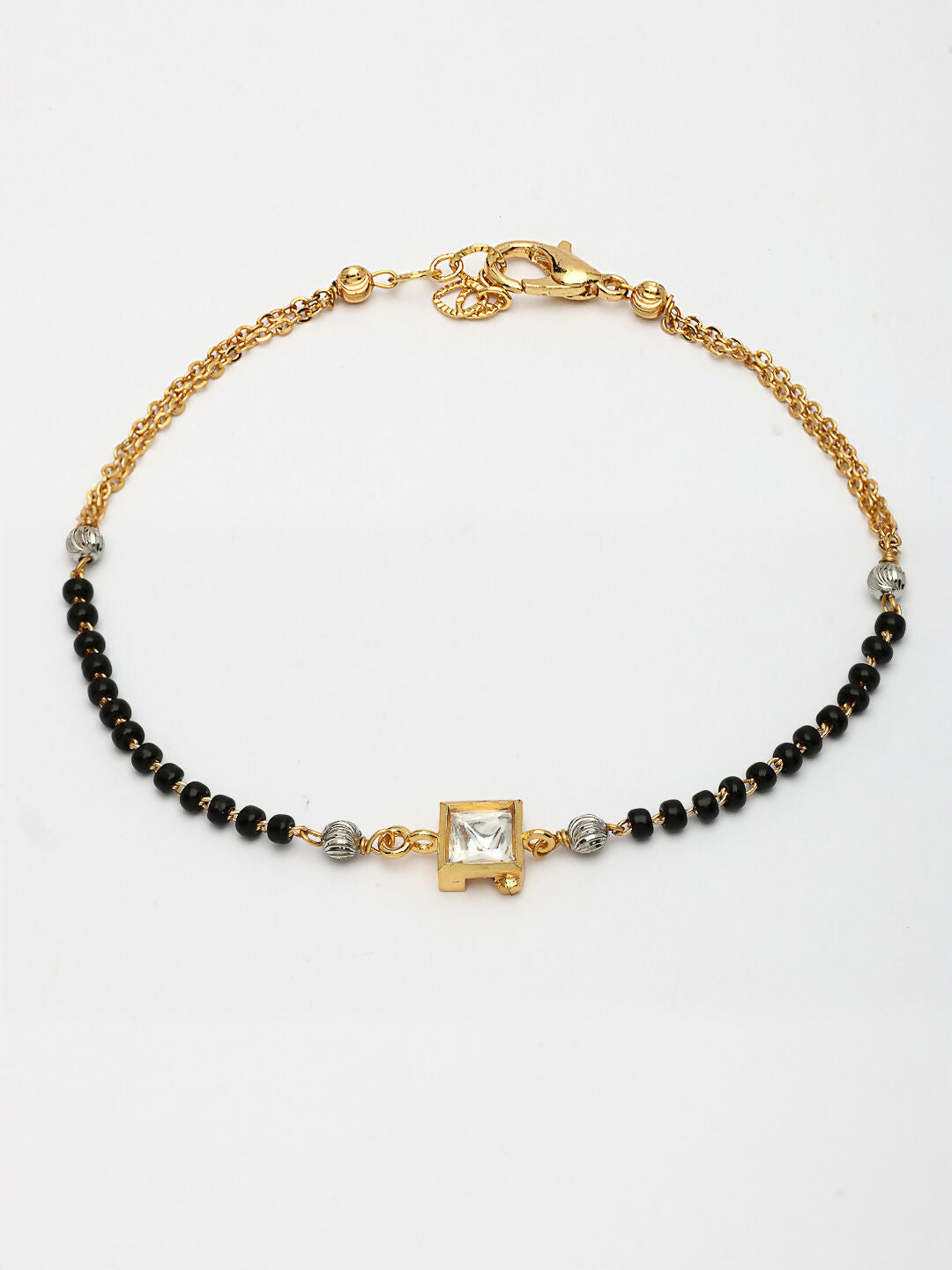NVR Women Gold-Polished & Black Brass Stone-Studded Hand Mangalsutra Link Bracelet | Grocsy