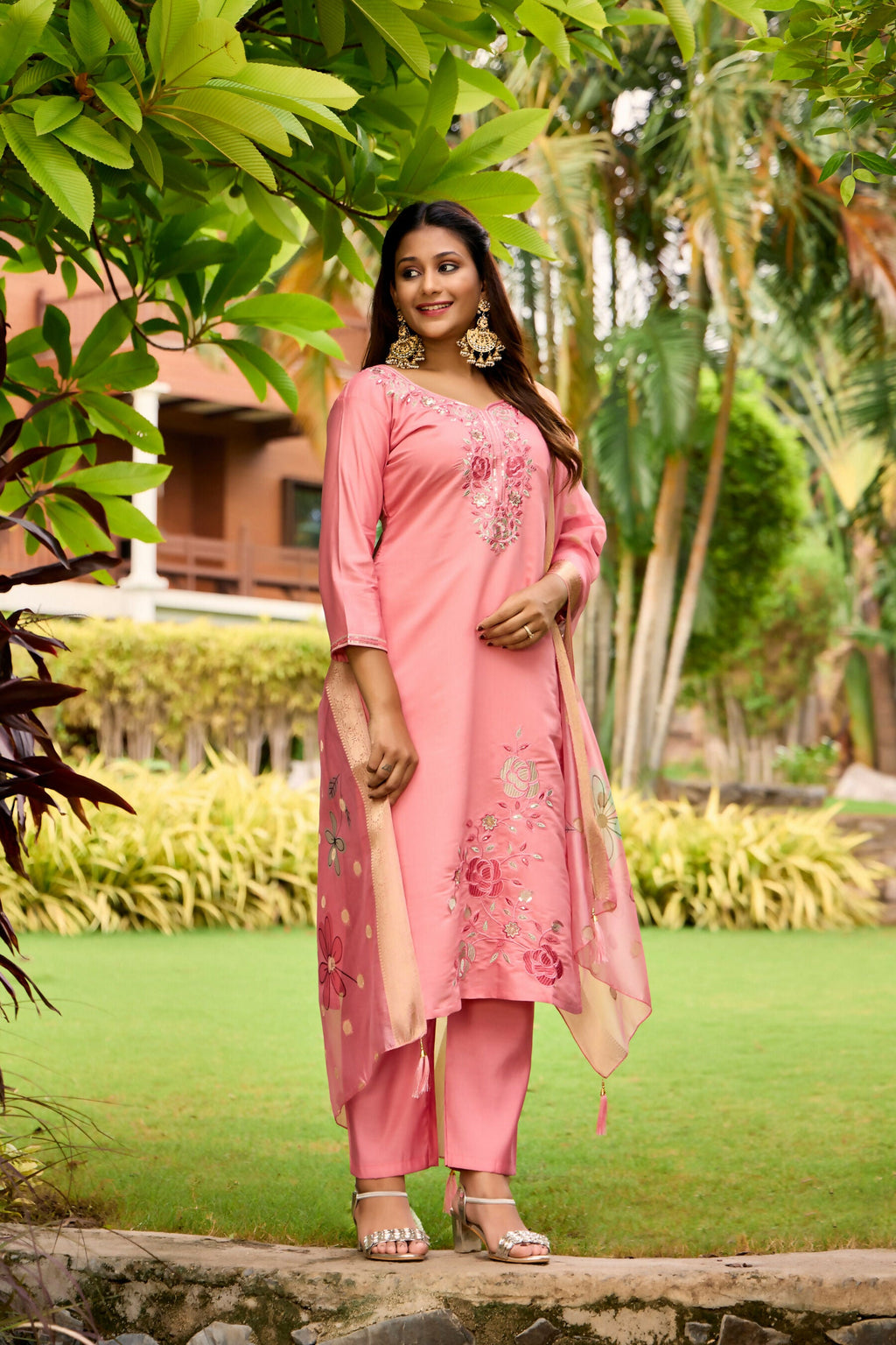 The52 Women's Beautiful Embroidery Work Roman Fabric Straight Kurta Pant and Dupatta Set | Grocsy