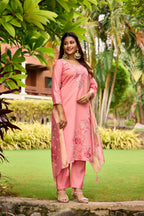 The52 Women's Beautiful Embroidery Work Roman Fabric Straight Kurta Pant and Dupatta Set | Grocsy