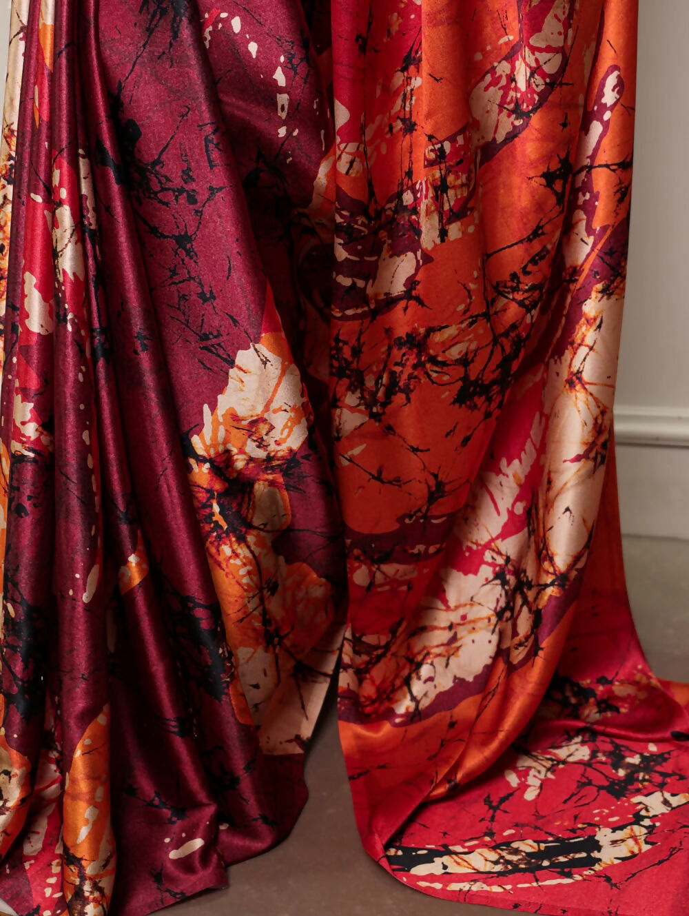 Vastranavya Maroon Satin Silk Printed Saree with a Natural Silk Unstitched Blouse | Grocsy