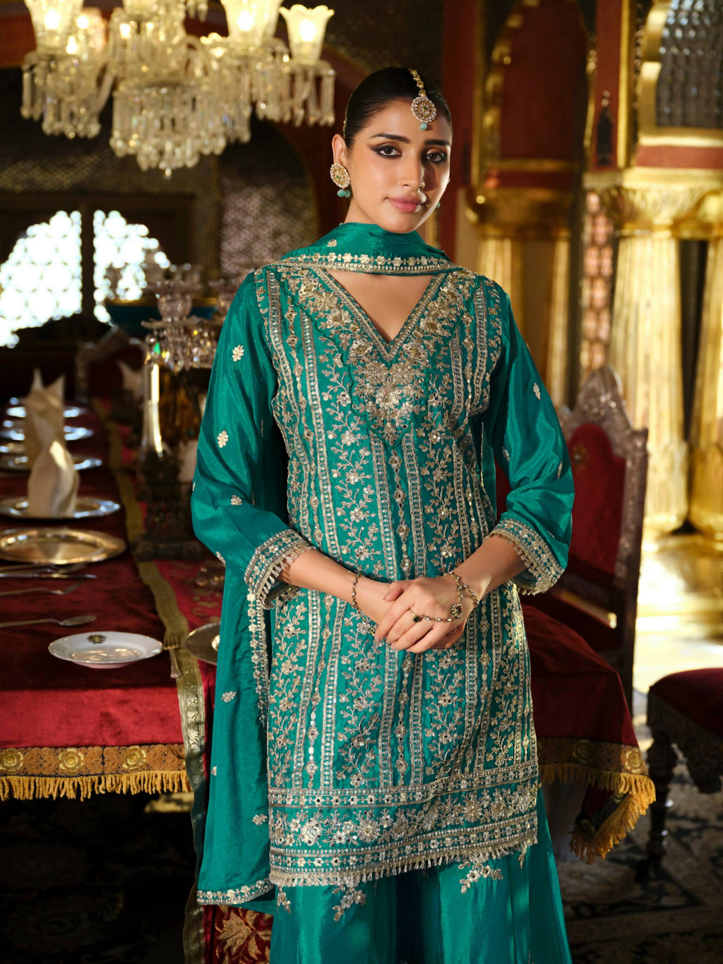 Anaita Sky-Blue Heavy Chinon Readymade Palazzo Suit with Heavy Embroidery Work | Grocsy