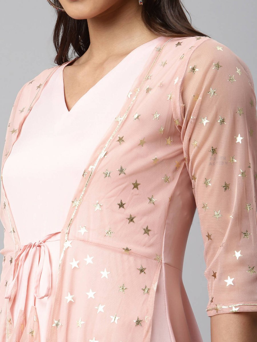 Ahalyaa Women Pink Crepe & Net Foil Print Dress | Grocsy