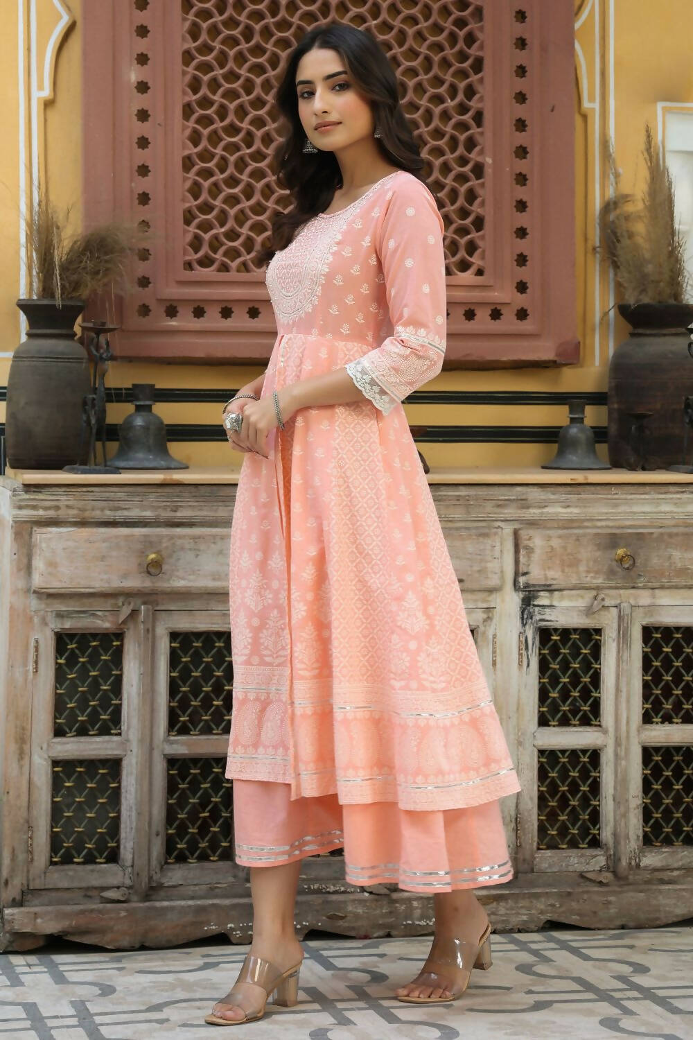 Juniper Women's Peach Cambric Printed Flared Dress | Grocsy