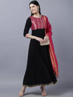 Myshka Women Black Peach-Coloured Colourblocked Cotton Anarkali Kurta | Grocsy