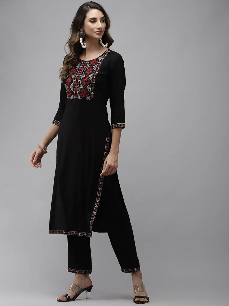 Yufta Women Black Yoke Design Thread Work Kurta with Trouser | Grocsy