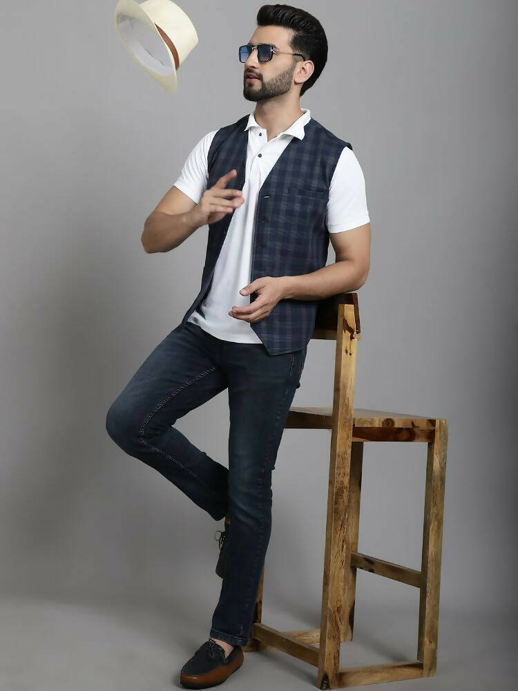 Even Apparels Checked Waistcoat With Welt Pockets - Navy Blue | Grocsy