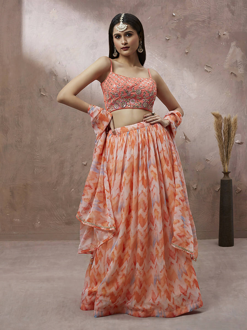 House of Panchhi Peach Organza Floral Printed Lehenga choli & Dupatta | Grocsy