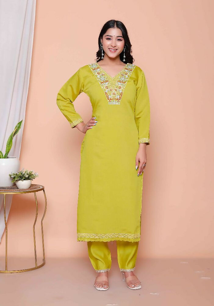 Miravan Womens Muslin Yellow Kurta And Palazzo With Dupatta Set | Grocsy