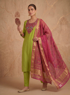 Teeya Creation Women Lime Green Embroidered Straight Kurta With Rani Pink Dupatta And Pant Set | Grocsy