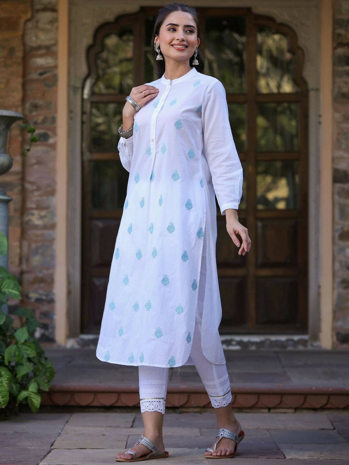 Juniper Women's White Cambric Printed Straight Kurta | Grocsy