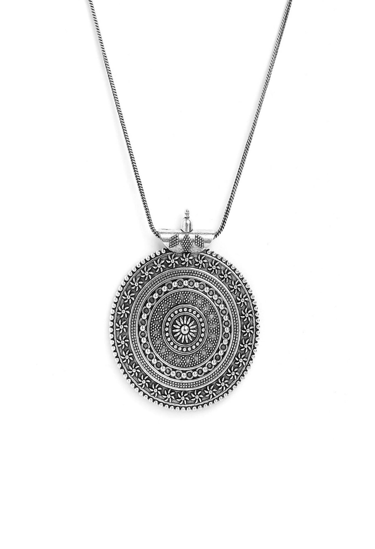 Mominos Fashion Johar Kamal Oxidised Silver-Plated Long Chain with Pendant & Studs For Women | Grocsy