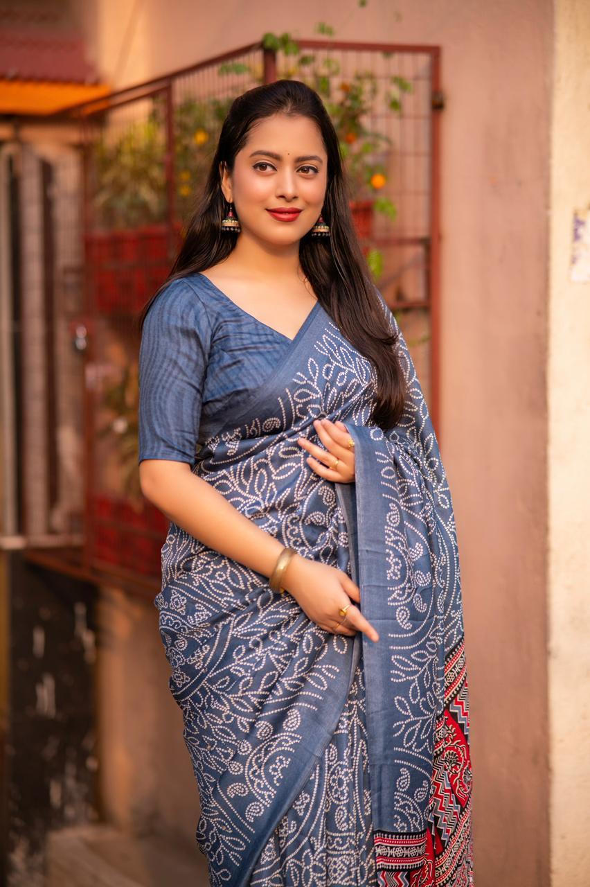 Grey Silk Blend Ajrak Saree with Unstitched Blouse - Hiral Fashion | Grocsy
