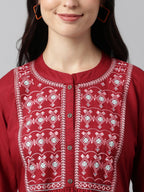 Red Rayon Yoke Embroidered A-line Top - Tarini | Grocsy