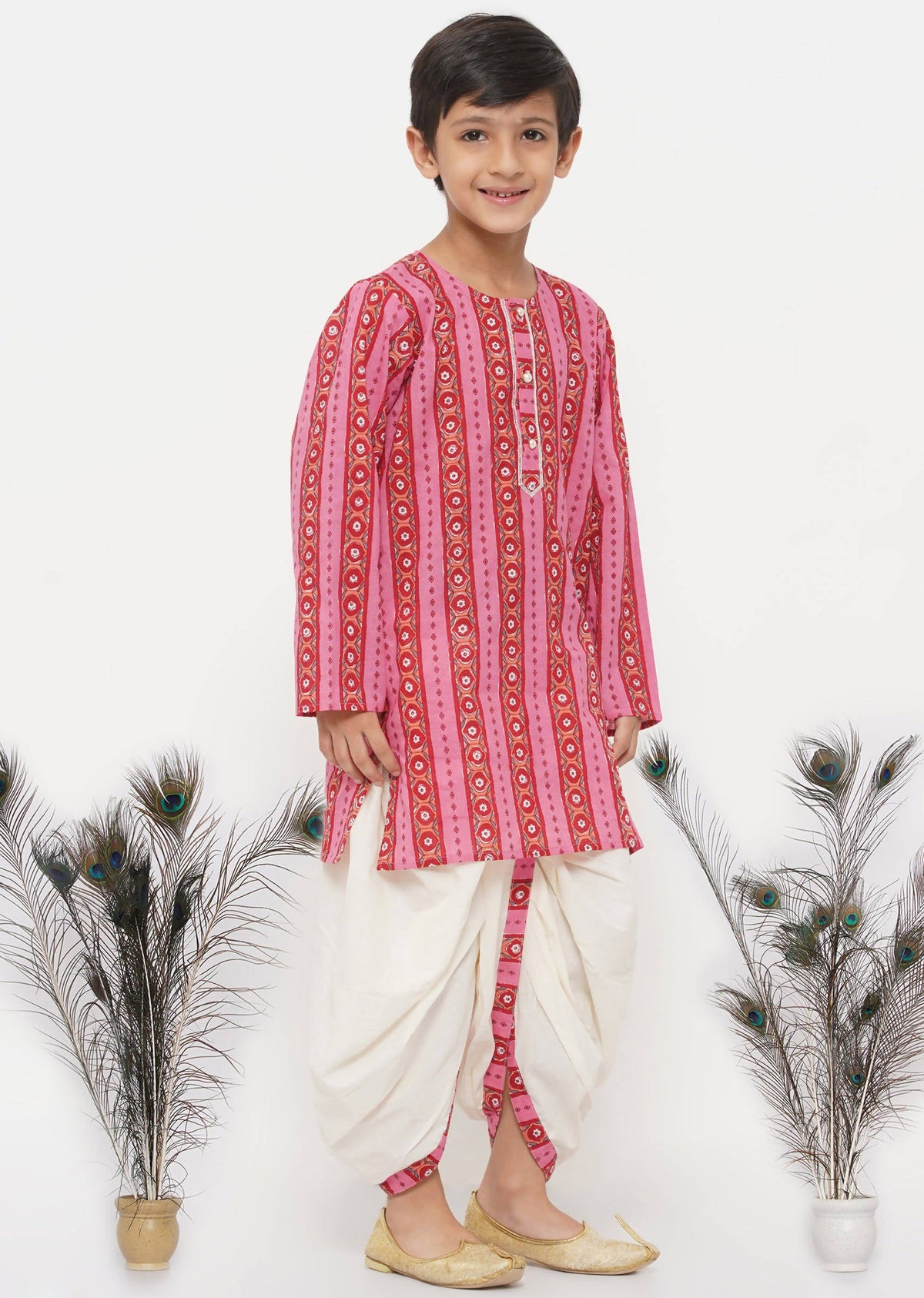 Little Bansi Boys Cotton Striped Kurta with Pearl Buttons & Dhoti -Pink & Cream | Grocsy