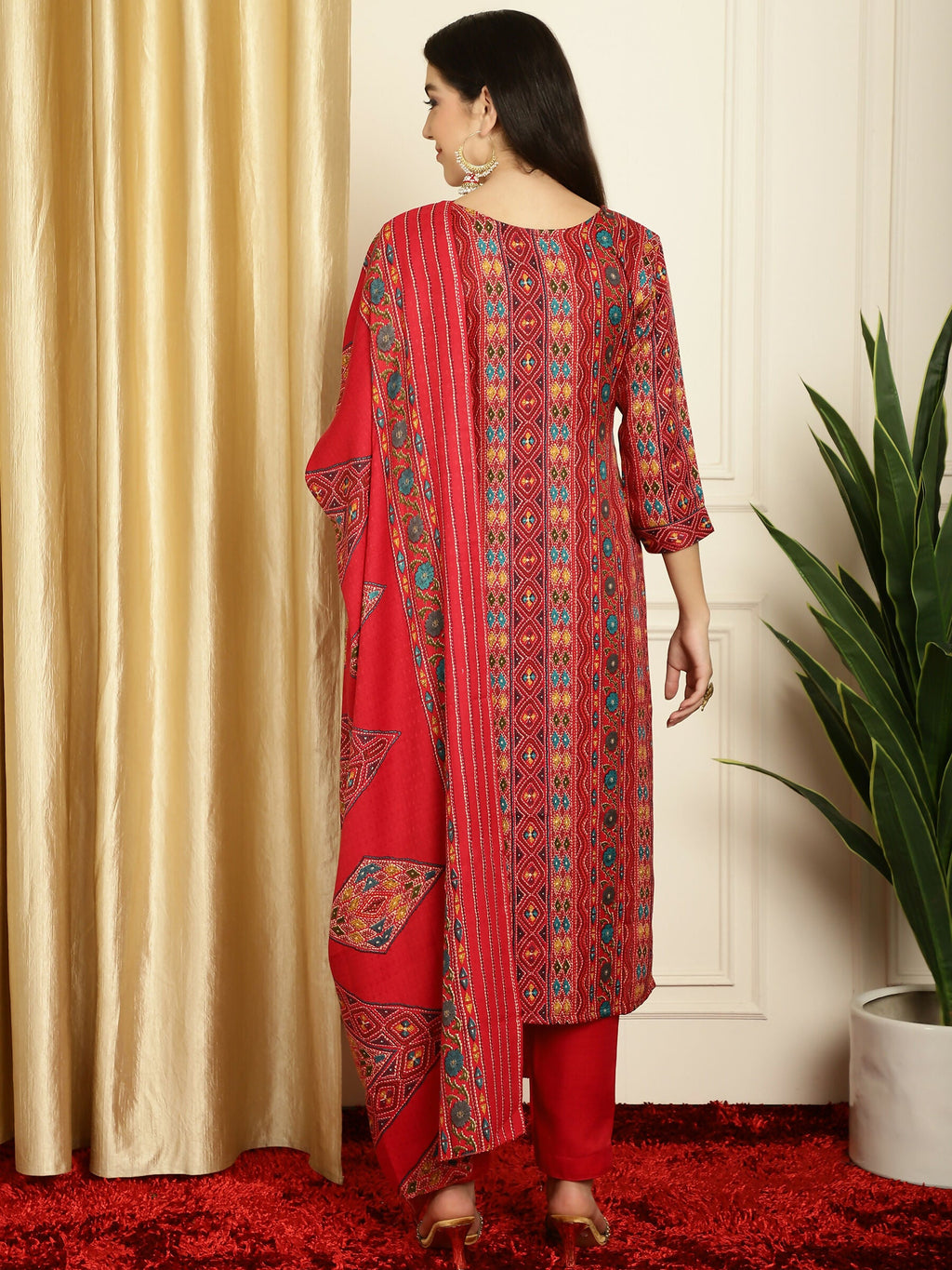 Jyoti Fashion Women's Red Pashmina Floral Digital Printed Kurta with Trouser & Dupatta | Grocsy