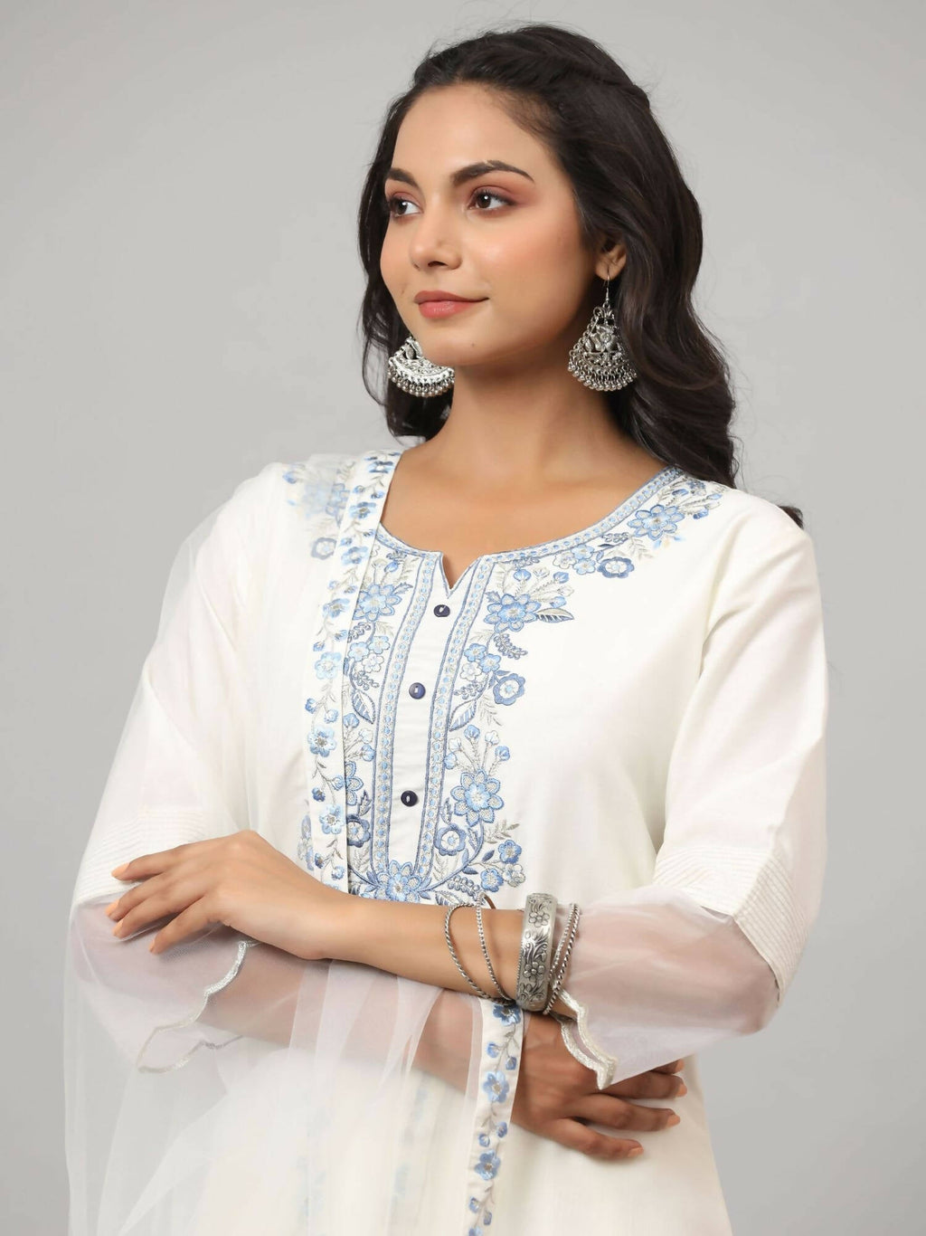 Juniper Women's White Chinnon Solid Embroidered Kurta Set | Grocsy
