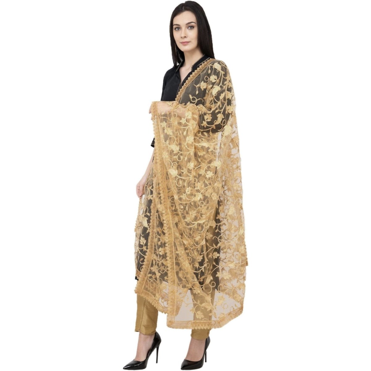 A R Silk Net Emb. Fancy Dupatta Color Golden Dupatta or Chunni | Grocsy