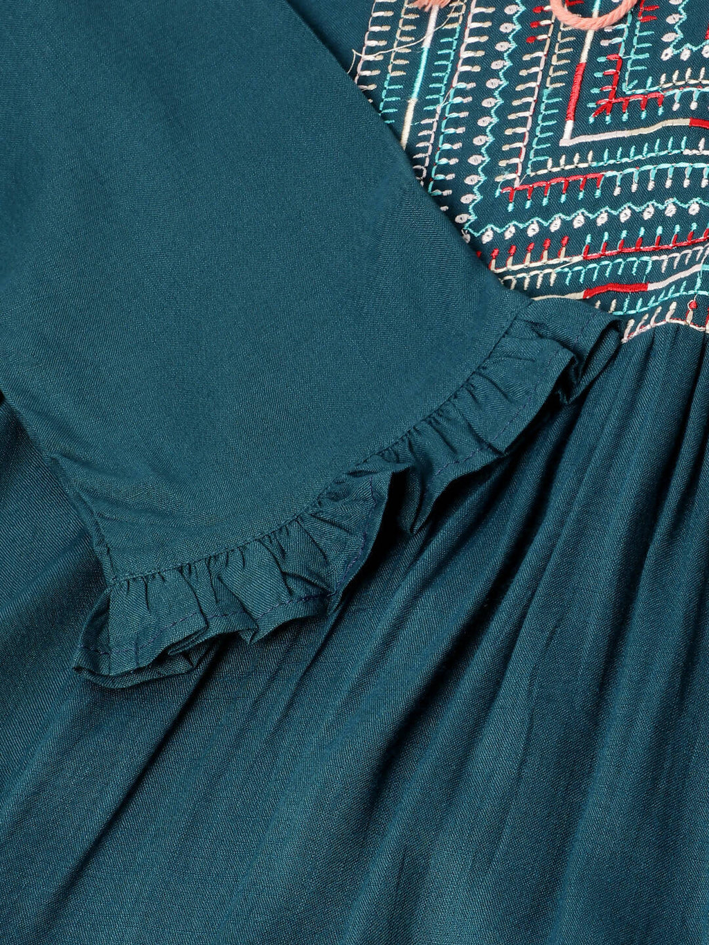 Teal Rayon Yoke Embroidered A-line Top - Tarini | Grocsy