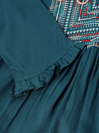 Teal Rayon Yoke Embroidered A-line Top - Tarini | Grocsy