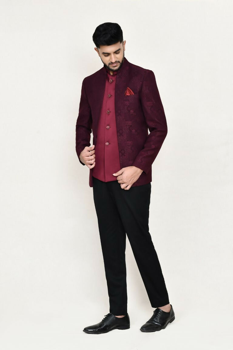 Joban Fashion Maroon Colored Imported Jacquard Fabric Open Prince Coat, Jacket With Pant | Grocsy