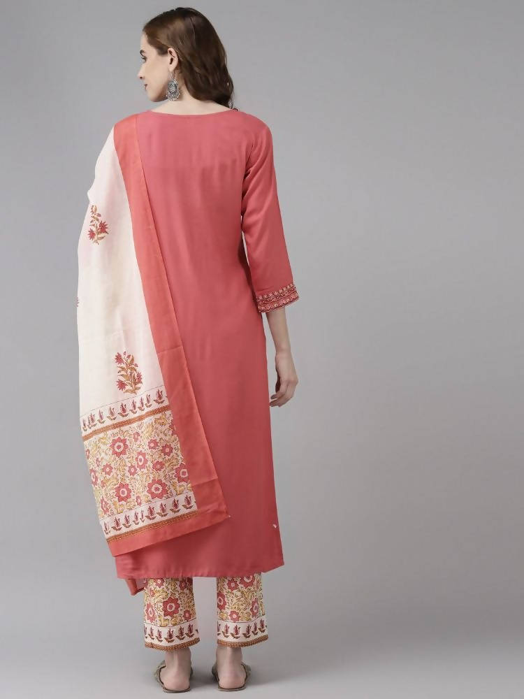 Yufta Women Pink Ethnic Motifs Embroidered Kurta with Palazzo & Dupatta | Grocsy