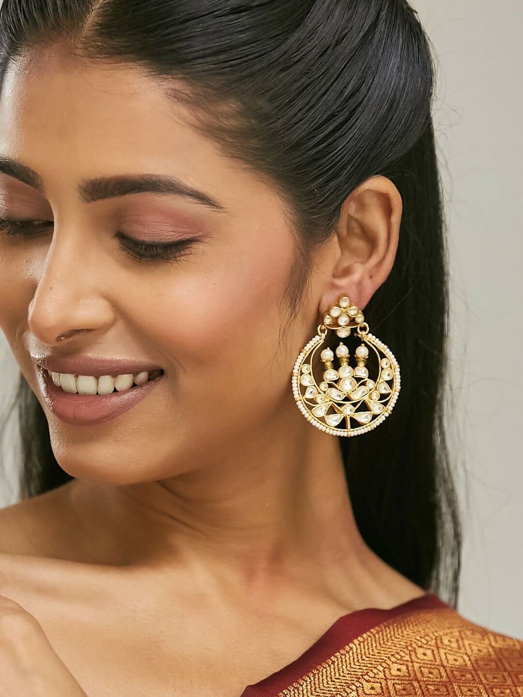 Nuyug 22K Gold-Plated Elegant Kundan Stone Studded & Pearl Beaded Chandbalis | Grocsy