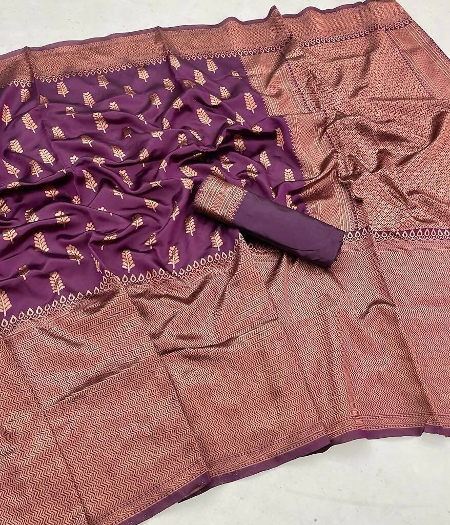 DEIANA'S Beautiful Designer Golden zari Soft Lichi Silk Saree - Wine | Grocsy