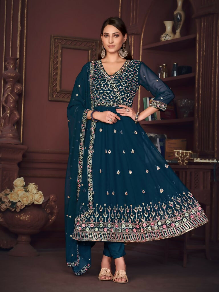 Jyoti Fashion Women's Rama Georgette Embroidered Anarkali Kurta Pant Set With Dupatta | Grocsy