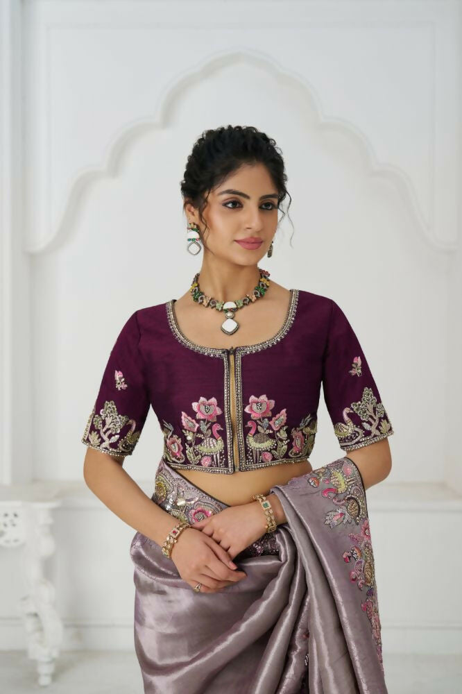 Kesar Fab Stunning Mauve Color With Multi-Thread And Sequins Embroidery Saree | Grocsy