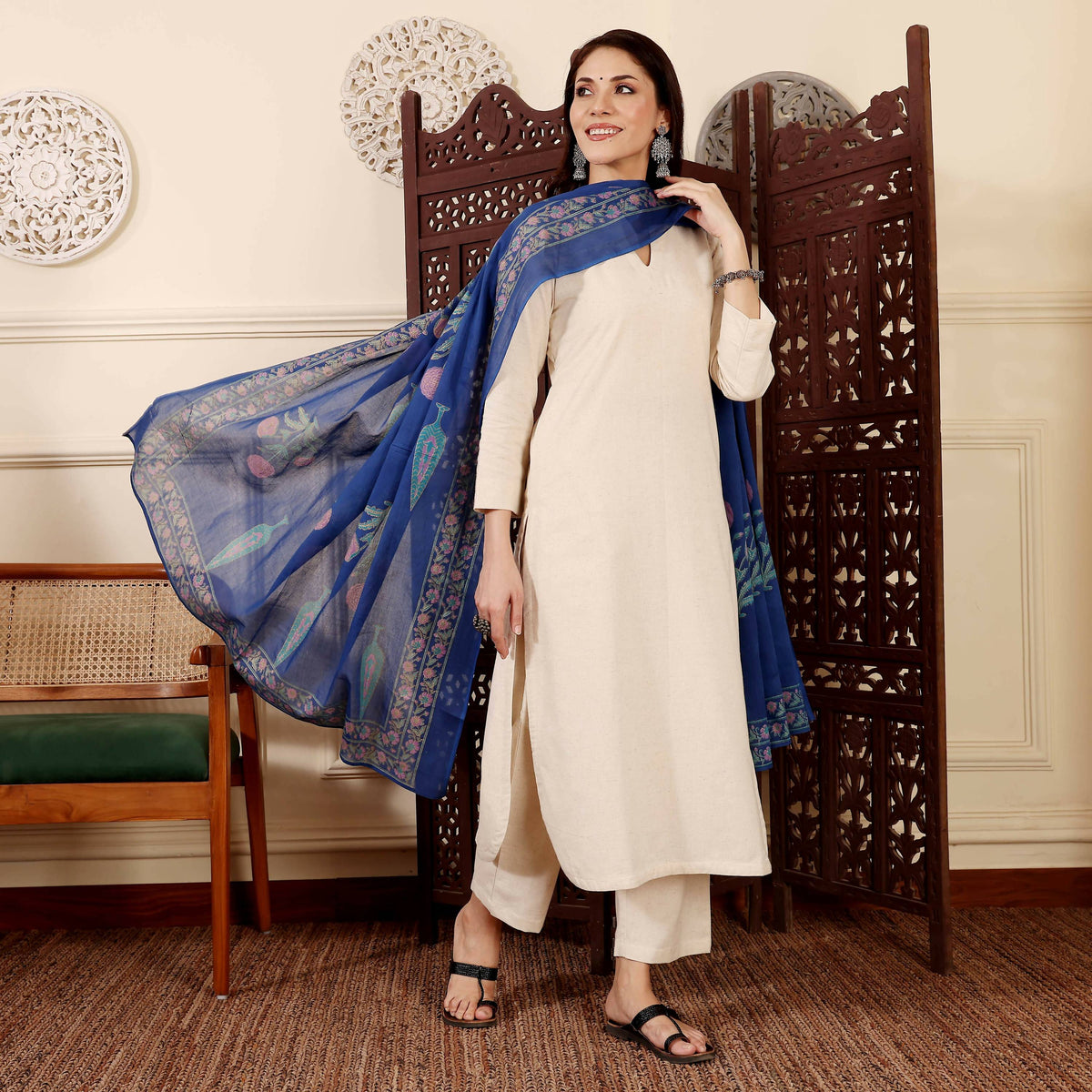The52 Women's Gorgeous Solid Chanderi Silk Fabric Straight Kurta Pant and Dupatta Set-Off White | Grocsy