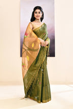 Piyari Fashion Women's Moss Green Embellished Tissue Jamdani Saree | Grocsy