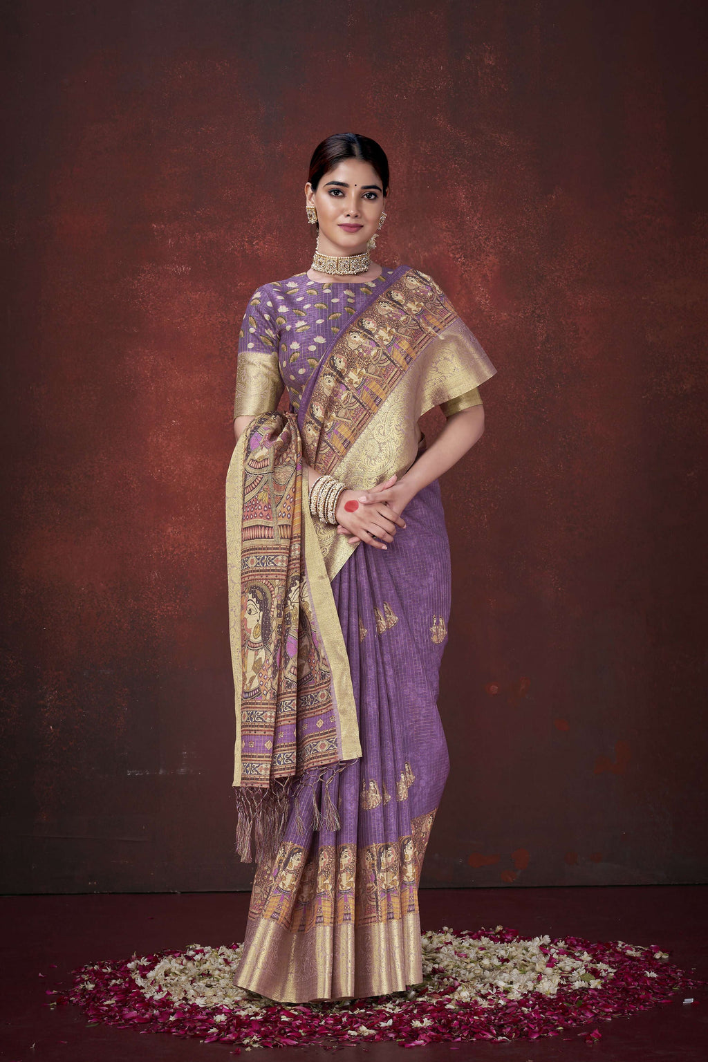 Purple Poly Habotai Silk Foil Print Saree with Unstitched Blouse - Kathari | Grocsy