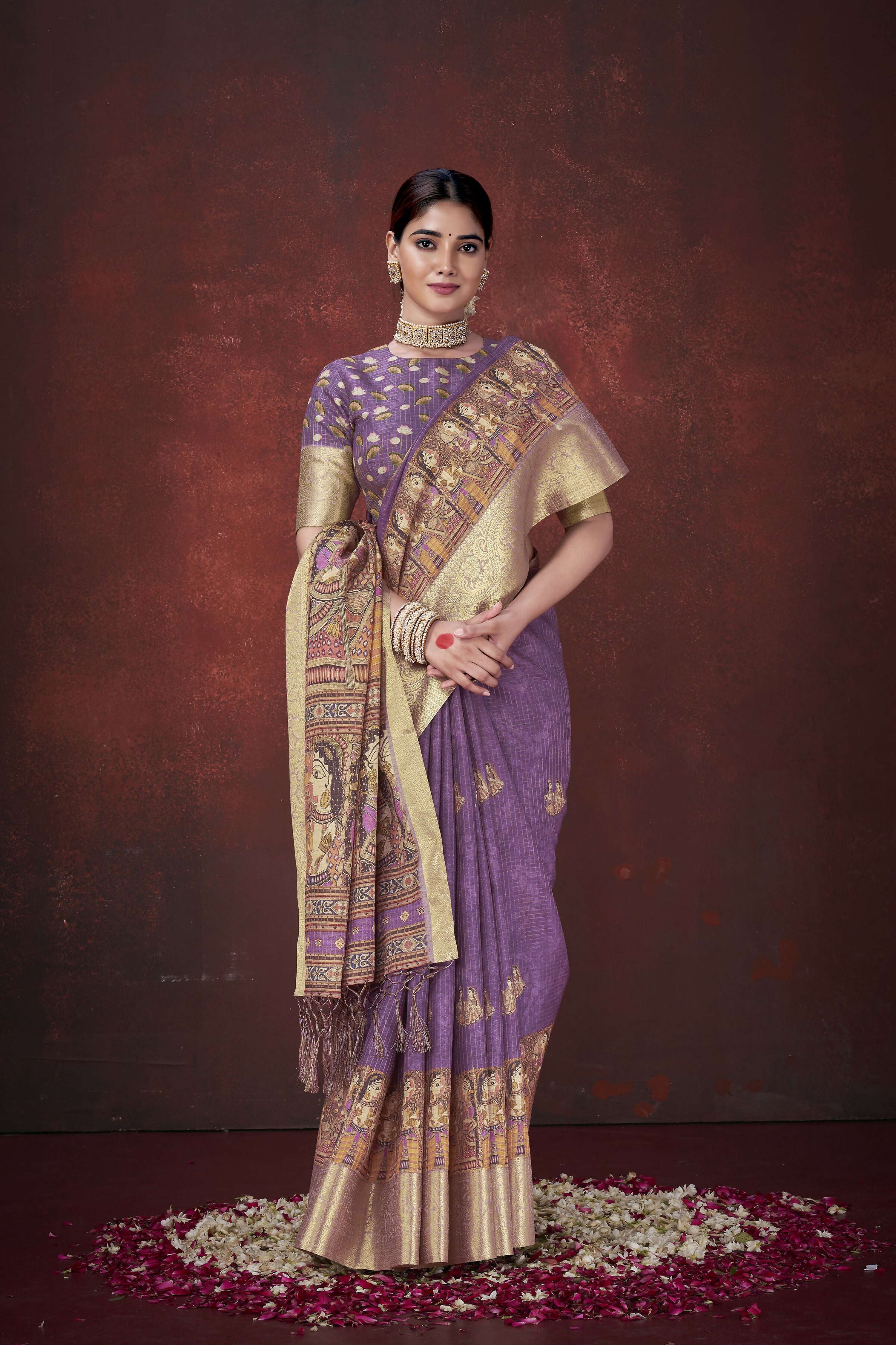 Purple Poly Habotai Silk Foil Print Saree with Unstitched Blouse - Kathari | Grocsy