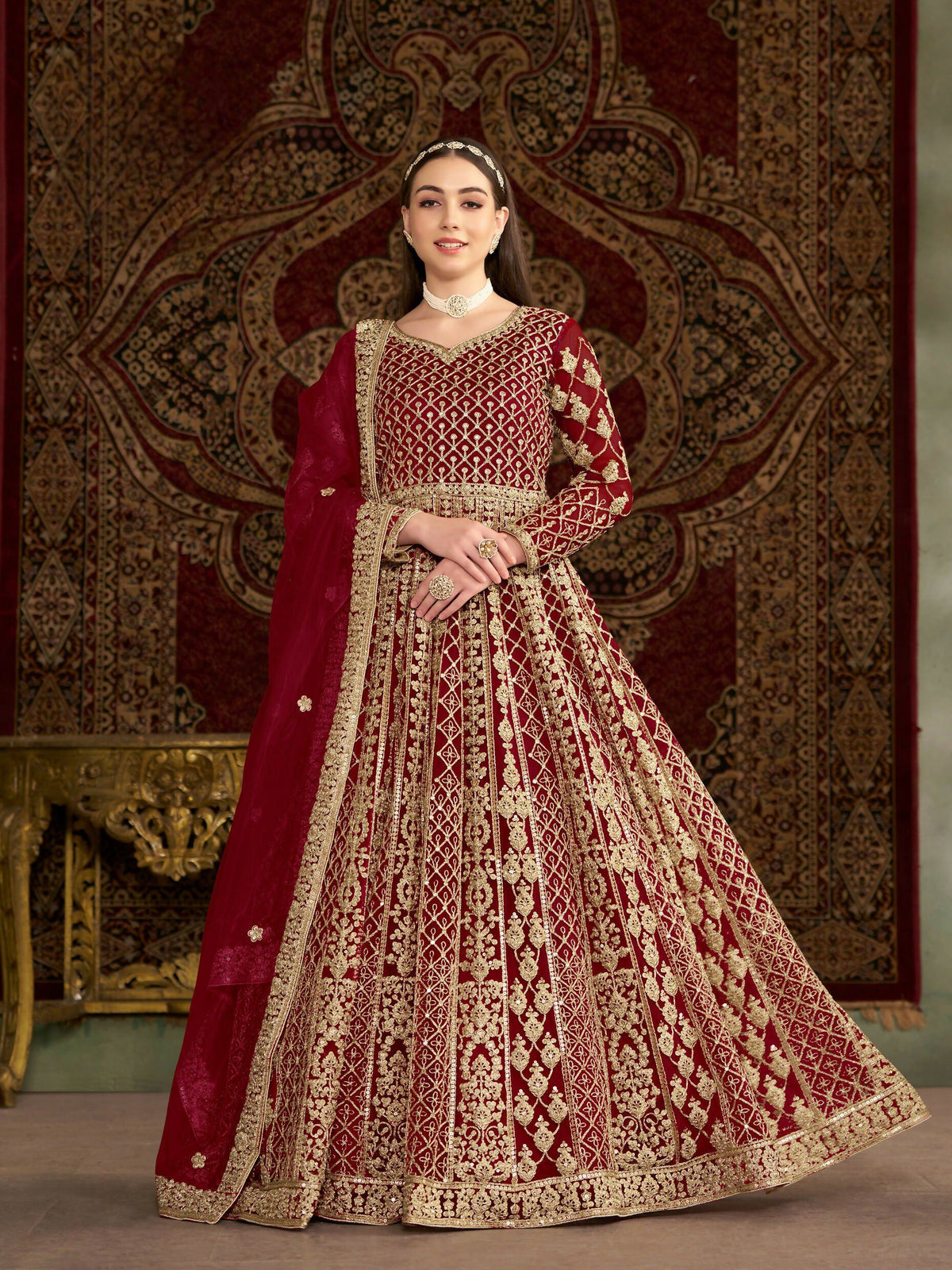 Anaita Maroon Embroidered Net Stitched Anarkali Suit | Grocsy