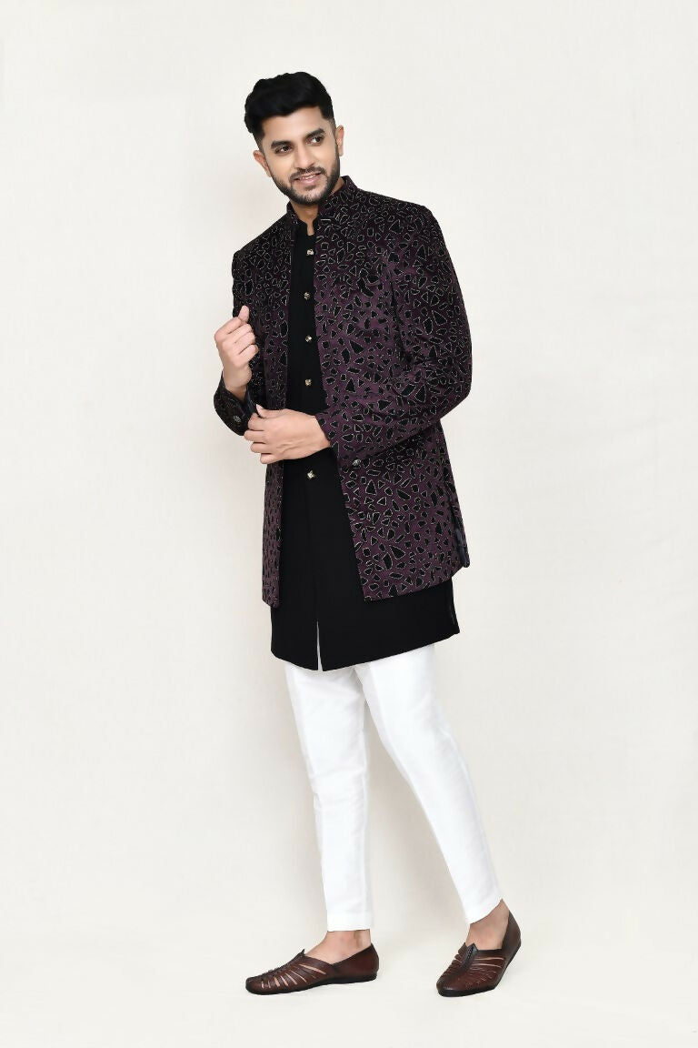 Joban Fashion Black Colored Velvet Based With Aplics Fabric Open Jacket, Indo Western With Pant | Grocsy