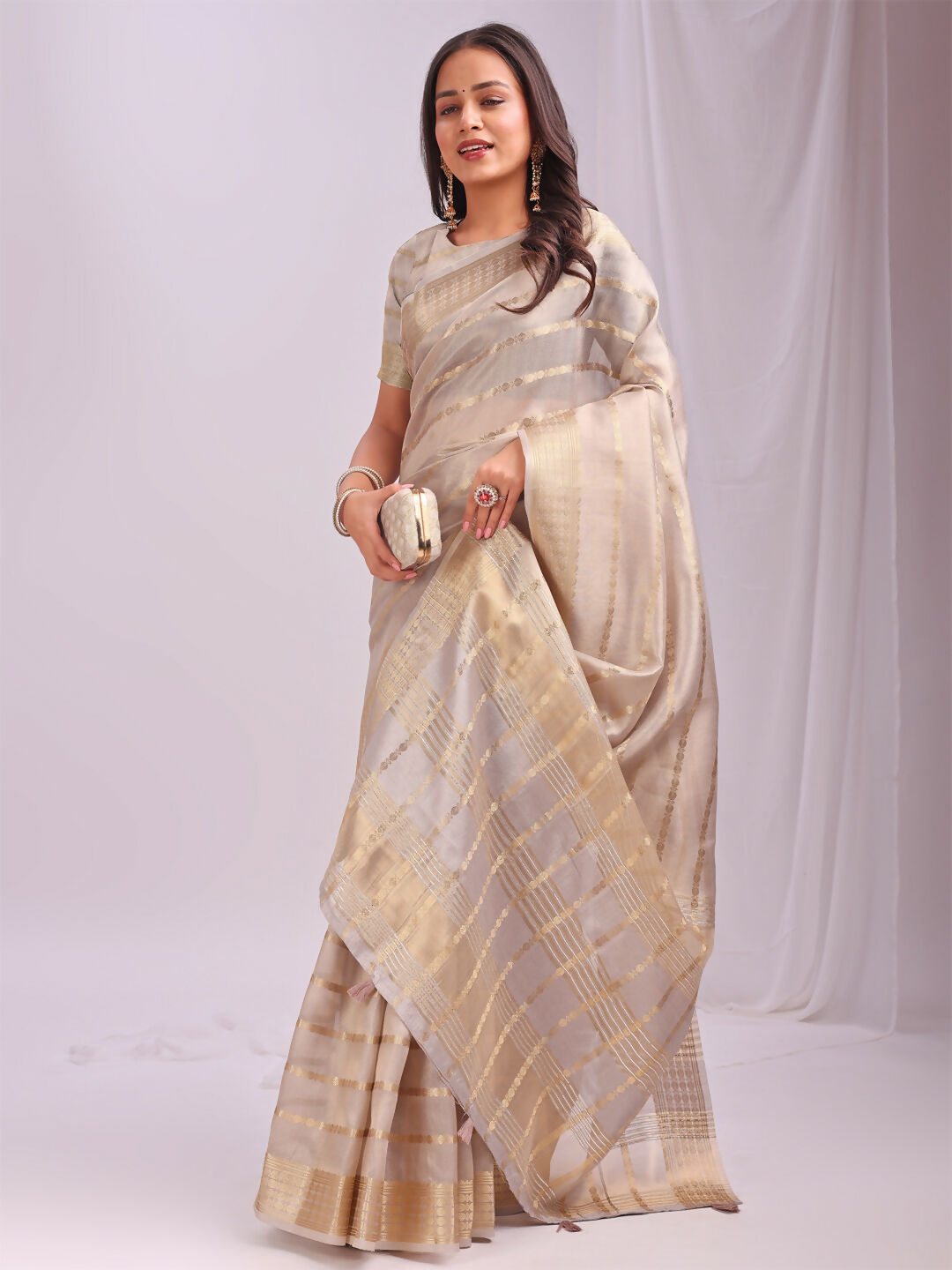 Shree Shyam Fashion Organza Cream Saree | Grocsy