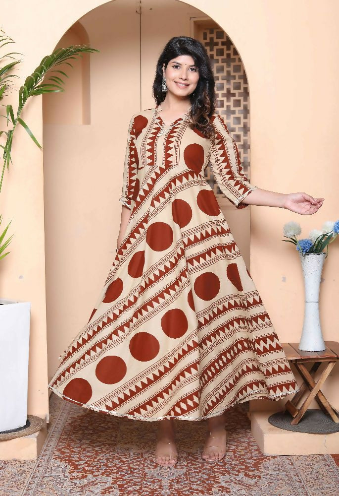 Miravan Womens Brown Printed V-Neck Anarkali Kurta | Grocsy