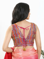 Joban Fashion Pink Multi Silk Padded Blouse With V Neck Sleeveless | Grocsy
