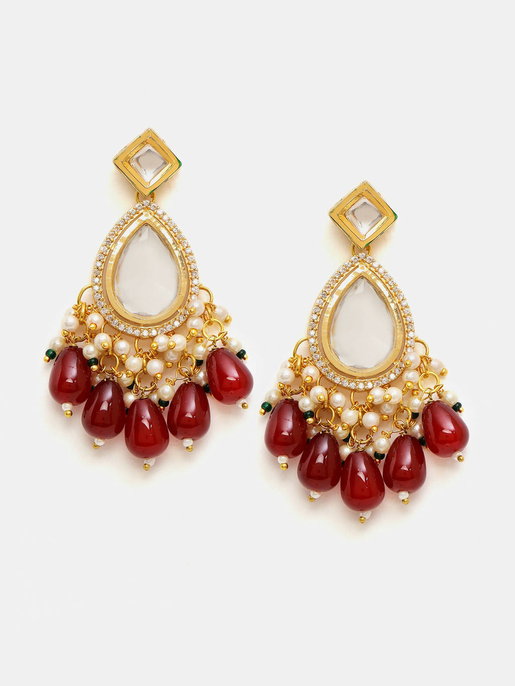 Ruby Raang Gold Polished Kundan Earrings With Maroon Stones | Grocsy