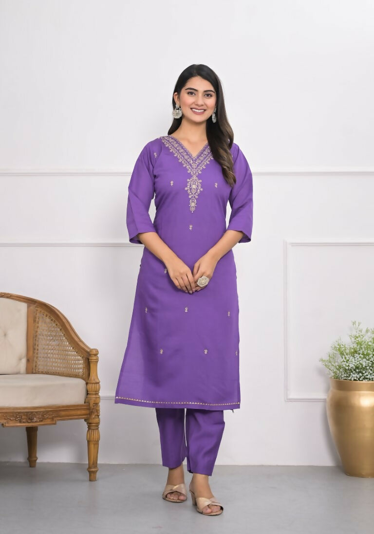Purple Viscose Silk Embroidery with Thread and sequence Stitched Suit With Dupatta - Tanisha | Grocsy
