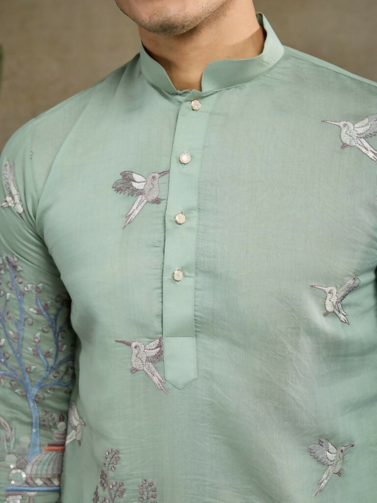 Vastranavya Pista Green Exclusive Festival Wear Viscose Silk Thread & Sequence Embroidered Work Kurta | Grocsy
