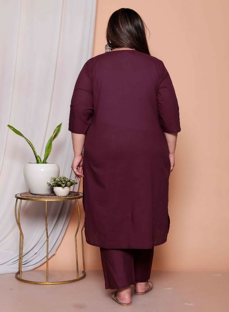 Miravan Womens Plus Size Wine Floral Kurta With Palazzo And Dupatta Set | Grocsy
