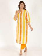 Aramya Yellow Soft Cotton Checkered Print Straight Kurta Set for Women | Grocsy