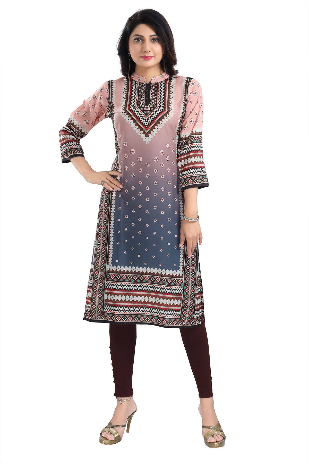 Snehal Creations Pinky Peach Designer Digital Print Masleen Fabric Long Kurti Tunic | Grocsy