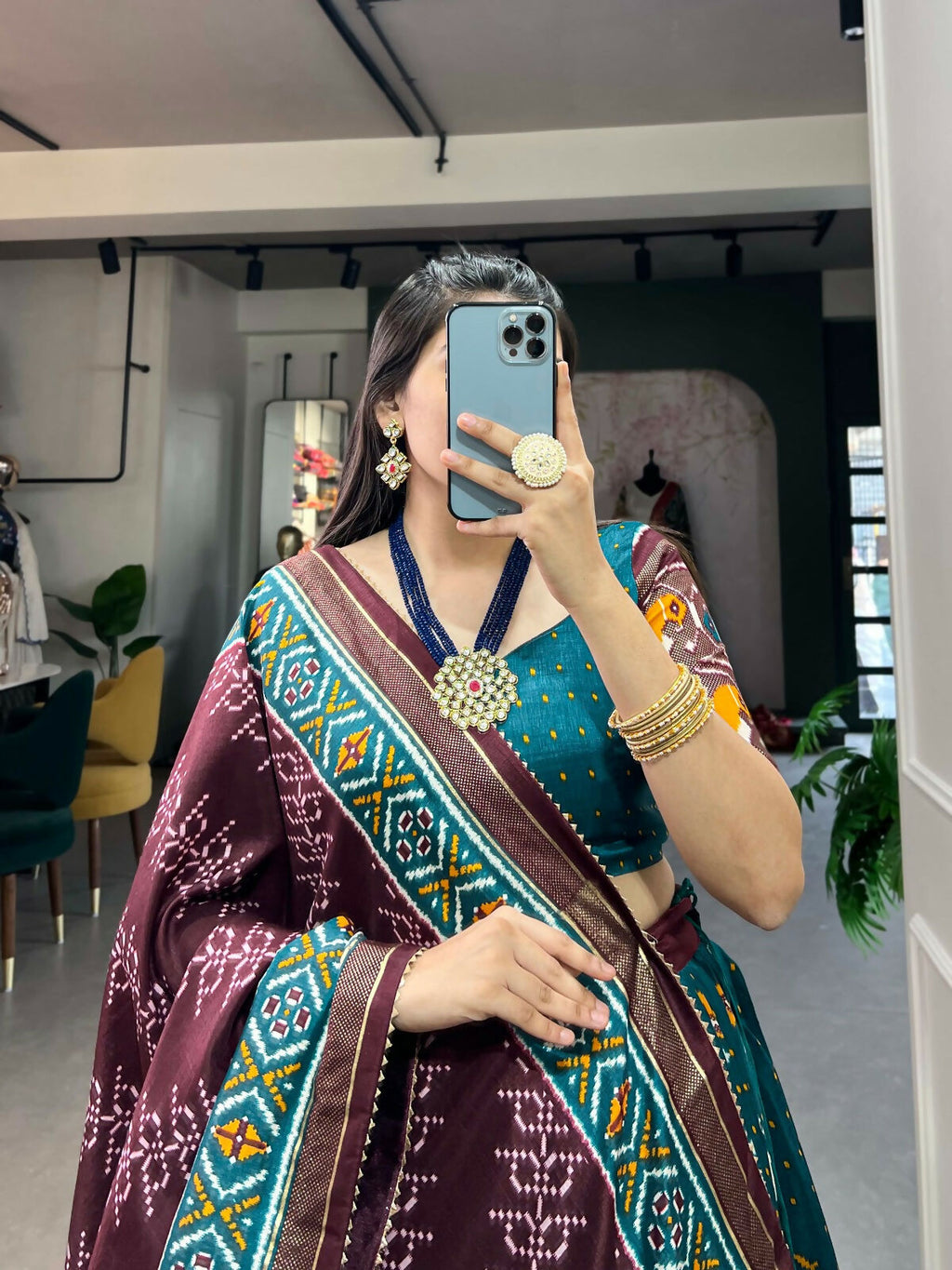 Vastranavya Traditional Ikkat Patola Print Tussar Silk Lehenga Choli - Teal | Grocsy