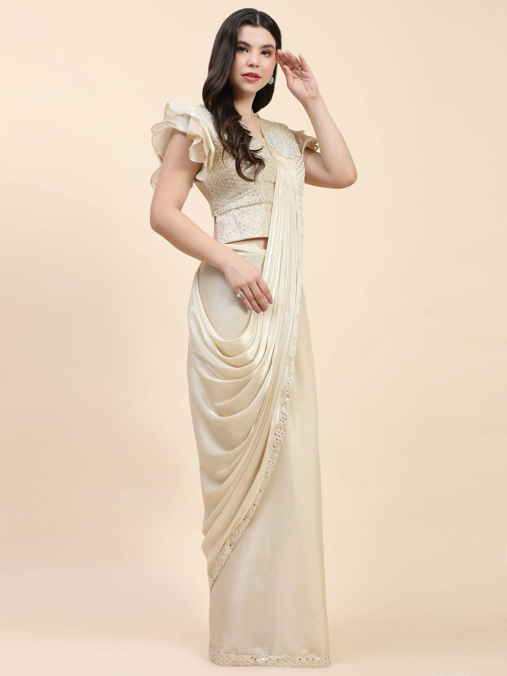 Beige Silk Satin Sequence Work Ready to Wear Saree with stitched Blouse - Nirvana | Grocsy