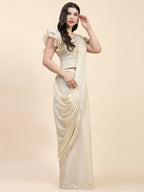 Beige Silk Satin Sequence Work Ready to Wear Saree with stitched Blouse - Nirvana | Grocsy